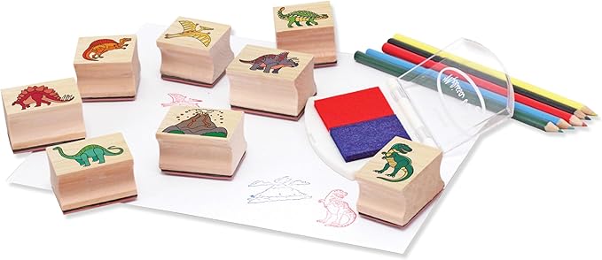 Melissa & Doug Wooden Stamp Set: Dinosaurs - 8 Stamps, 5 Colored Pencils, 2-Color Stamp Pad Kids Arts And Crafts, Washable Ink Pads For Kids, Dinosaur Stamps For Ages 4+ - FSC-Certified