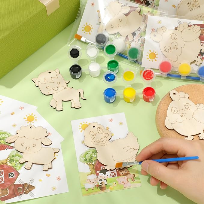 24 Pcs Farm Party Favors Wooden Painting Craft Kits Birthday Party Supplies with Organza Bag for Goodie Bags Fillers Adult Thank You Gifts