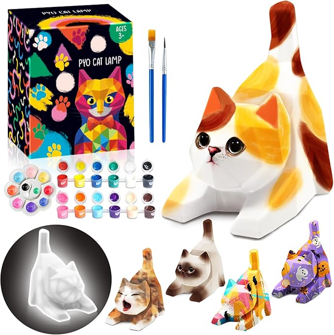 FUNZBO 4.3in Paint Your Own Cat Lamp Kit - Arts and Crafts Supplies Kitten Painting Kits for Kids Teens, DIY Night Light Toy for Toddler Girl Boy Ages 3 4 5 6 7 8 9 10 11 12 13+ Birthday Easter Gift
