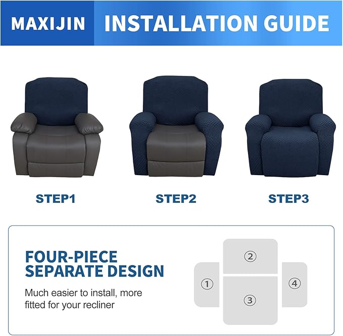 MAXIJIN Oversized Recliner Covers That Stay in Place 4 Pieces Stretch Large Recliner Chair Covers Jacquard Dogs Cats Proof Reclining Slipcovers with Elastic Bottom (XL Recliner, Navy Blue)