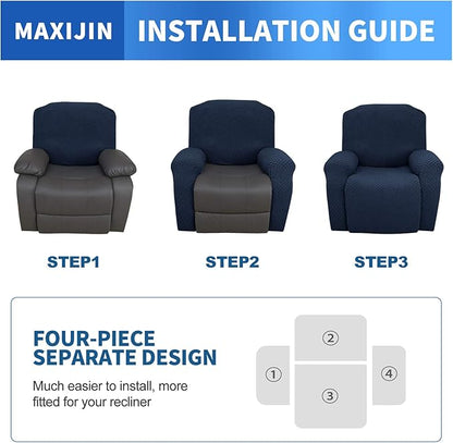 MAXIJIN Oversized Recliner Covers That Stay in Place 4 Pieces Stretch Large Recliner Chair Covers Jacquard Dogs Cats Proof Reclining Slipcovers with Elastic Bottom (XL Recliner, Navy Blue)