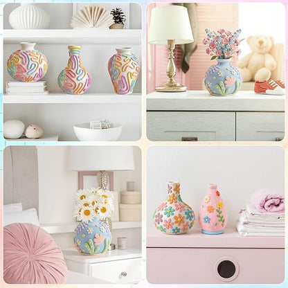 5 Set Paint Your Own Vases Pastel Painting Kit for Art DIY Craft Project Unpainted White Ceramic Vases 12 Paints 12 Color Clay for Spring Home Decor Birthday Party Gift