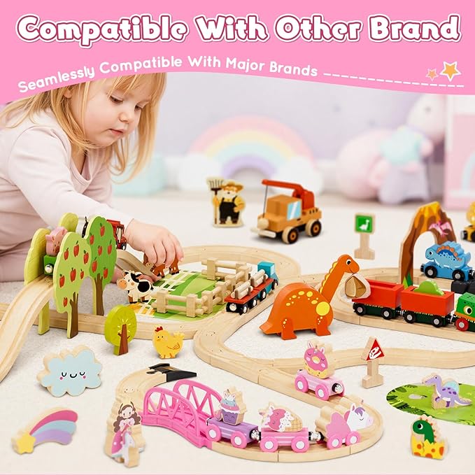 Lehoo Castle Wooden Train Set for Girls, Unicorn Train Set for Toddlers 2-4, Wooden Train Track with Storage Bag, Pink Train Fantasy Toys for 3 Year Old Girl Christmas Birthday Gifts
