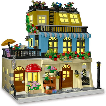 City Hotel Architecture Building Kit with Lights,3 Levels Garden Hotel Model Building Blocks Toy,for 12+Age Teen,Adult（1464 Pieces）