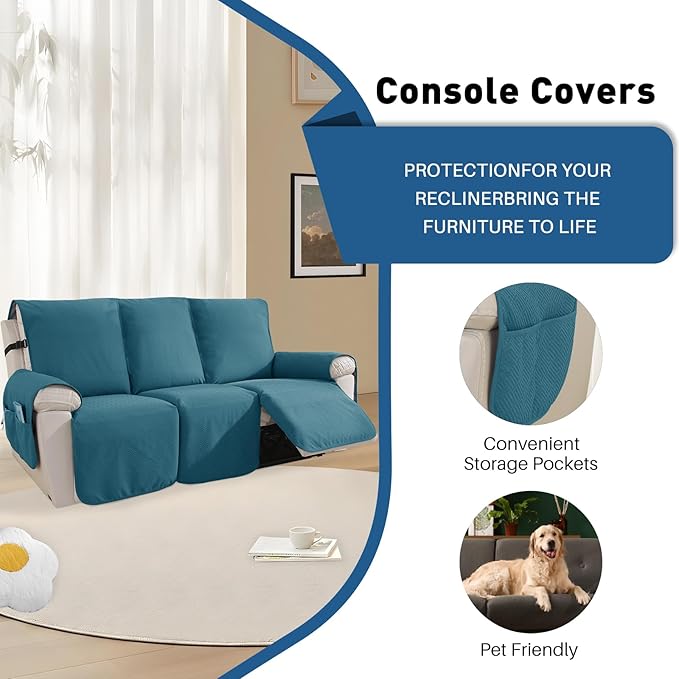 Easehomey Waterproof Recliner Sofa Cover Non-Slip couch cover recliner sofa 3 section with Elastic Band Two Pockets, Washable Couch Covers Furniture Protector for Kids,Dogs(Peacock Blue,Recliner Sofa)