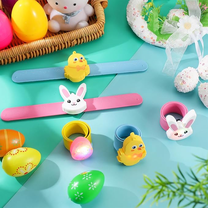 6 Pcs Kids Light Up Slap Bracelets Gifts LED Party Favors Glow Snap Bracelet Glitter Wrist Bands for Bunny Eggs Chicks Silicone Bands Easter Basket Fillers
