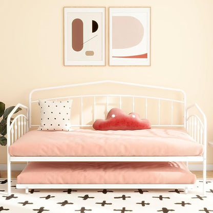 Christopher Knight Home Fox Twin Daybed with Trundle, Metal Sofa Bed Set, Rollaway Daybed Couch Bed Frame for Bedroom Living Room Guest Room, Elegant and Simple Style, Anti-Noise, Easy Assembly, White