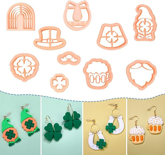 Puocaon St. Patrick's Hat Clay Cutters - Polymer Clay Cutters for Earrings Making, Lucky Horseshoe & Clover Set