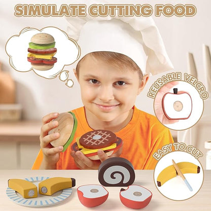 Lehoo Castle Play Food Sets for Kids Kitchen, Wooden Toys Food for Toddlers 1-3, Pretend Picnic Play Set, Cutting Food Toys, Gift for Girls Boys 3 4 5 6