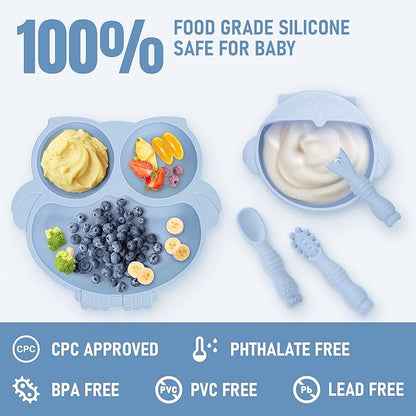 Baby Weaning Set, Silicone Baby Feeding Set(10 Pcs), Toddler Weaning Set with Adjustable Bib, Suction Bowl, Plate, Fork, Spoon, Water & Snack Cup Kit, Baby Led Weaning Kit for Babies and Kids