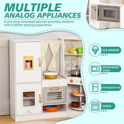 Kids Corner Play Kitchen Set, Wooden Pretend Play Kitchen with Metal Utensils Accessories, Fridge, Sink, Burner, Laundry Playset, Microwave Oven, Cake Turntable, Gifts for Ages 3-8