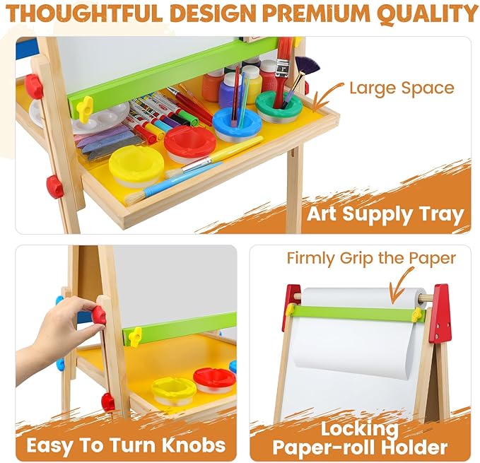 Art Easel for Kids Easel for Toddlers, Adjustable Wooden Kids Drawing Easel with Magnetic Whiteboard & Chalkboard, Kids Dry Erase Board, Easel for Kids Ages 3 4-8 9-12,Green w/Tray