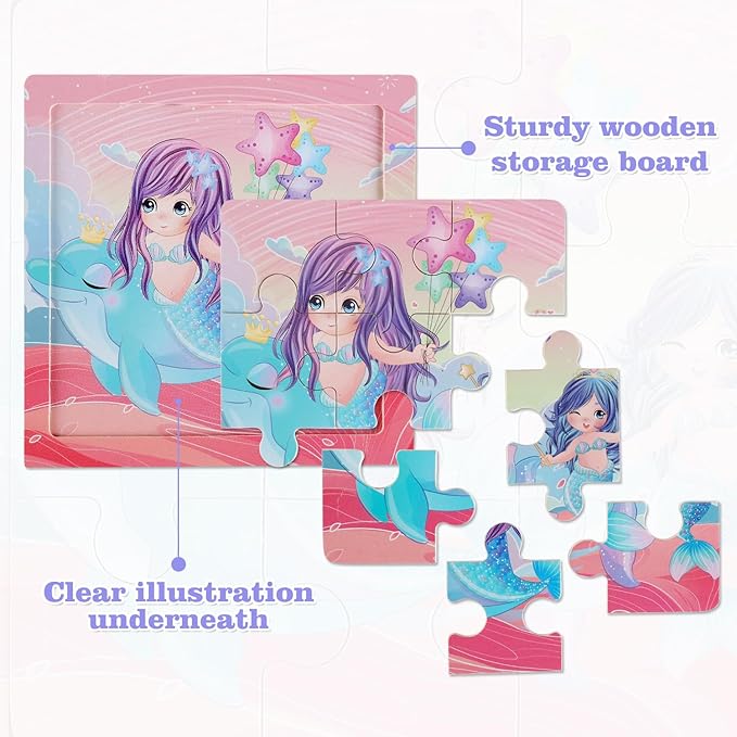 Wooden Puzzles for Toddlers 2-5 Years Old(Set of 6), 9 Pieces Preschool Educational and Learning Animal Jigsaw Puzzle Toy Gift Set for Girls