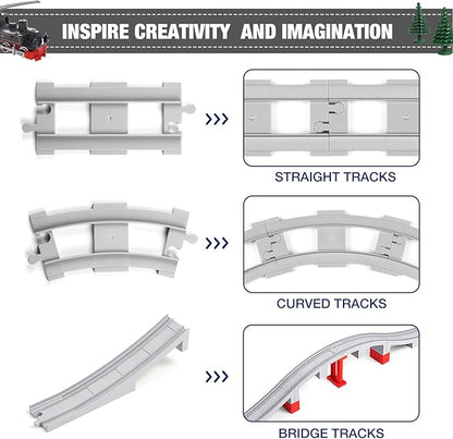 34 Pieces Train Bridge Track, Classic Railway Track with 12 Curved Tracks, 12 Straight Tracks and Bridge Tracks - Compatible with All Major Brands, Toy Track Accessory for Kid, Light Grey