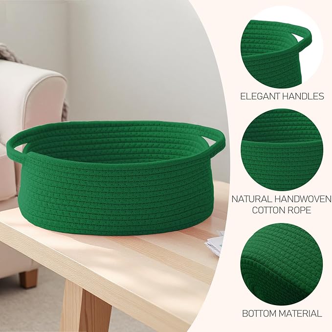 JMvicyroam Woven Basket,Small Rope Storage Bin with Handles & Ribbon Bag, Organizer for Shelves Closets,Gift Basket Empty for Birthday,Books,Dog Toys, Green/2 Pack