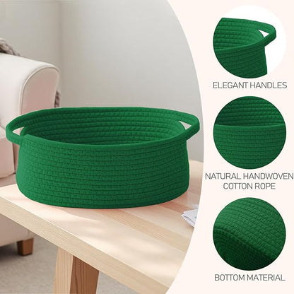 JMvicyroam Woven Basket,Small Rope Storage Bin with Handles & Ribbon Bag, Organizer for Shelves Closets,Gift Basket Empty for Birthday,Books,Dog Toys, Green