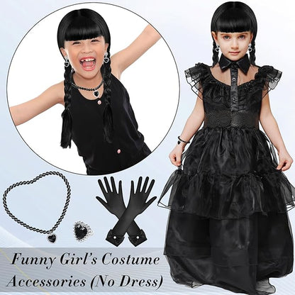 Black Wig Girls Costume, Halloween Costumes for Kids Girls, Black Outfit Costume Accessories Set for Kids(Classic)