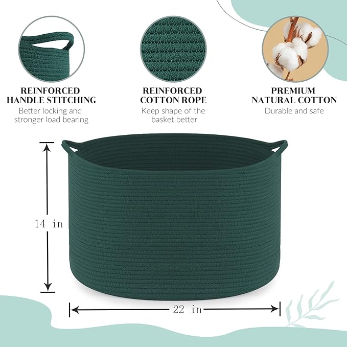 Maliton Woven Rope Basket for Blankets, Extra Large Storage, Green Laundry Hamper, Baby and Pet Toy Storage, Big Towel Basket, 22" x 22" x 14" Blanket Holder, Cotton Rope Bin