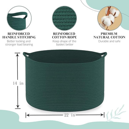 Maliton Woven Rope Basket for Blankets, Extra Large Storage, Green Laundry Hamper, Baby and Pet Toy Storage, Big Towel Basket, 22" x 22" x 14" Blanket Holder, Cotton Rope Bin