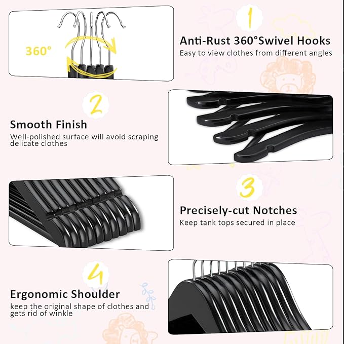 FairyHaus Kids Wooden Hangers 20Pack Black, 12.8 Inch Baby Wooden Hangers for Closet, Anti-Rust 360° Swivel Hook, Notches & Smooth Finish, Natural Solid Wood Childrens Hangers for Clothes