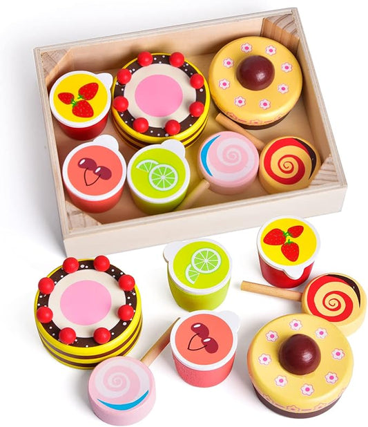 8 PCs Wooden Play Food for Kids Kitchen, Pretend Play Food Wooden Dessert Play Set for Kids, Toddler Toys for 2-4 Year Old Girls Boys Christmas Birthday Gifts