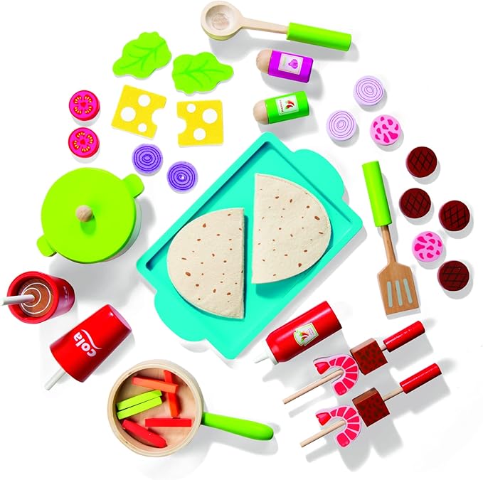 Taco Truck Wooden Playset, 30 Toy Pieces- Cook Top, Steering Wheel Sink Sticker Sheet for Kids Name- Food, Taco Shells, Cheese, Patties- Dual Sided Activity Play Stand Set for Indoor Fun, Ages 3+ Gift