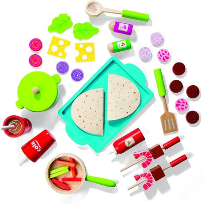 Taco Truck Wooden Playset, 30 Toy Pieces- Cook Top, Steering Wheel Sink Sticker Sheet for Kids Name- Food, Taco Shells, Cheese, Patties- Dual Sided Activity Play Stand Set for Indoor Fun, Ages 3+ Gift