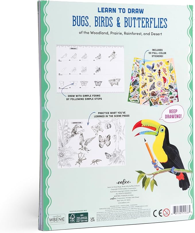 eeBoo: Learn to Draw - Bugs, Birds & Butterflies - 32 Page Activity Book & 50 Stickers Set, Fun Nature-Themed Step-by-Step Drawing & Coloring, Kids 5+