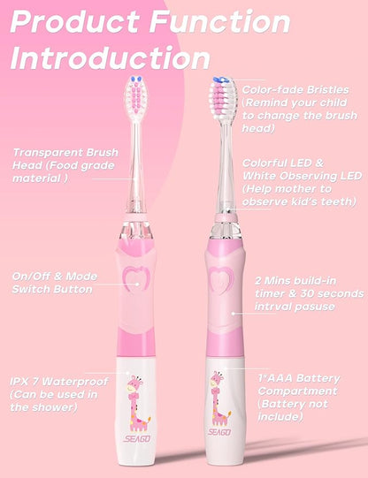 SEAGO Kids Electric Toothbrush with 2 Mins Timer and 4 Replacement Bursh Heads, Rainbow LED Light Make Brushing Fun, Pink Color Girls Battery Powerd for 4-12 Years Old，SG-977