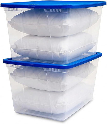 HOMZ 2-Pack Snaplock, Large Clear Plastic Storage Organizer Bins w/Lids, 56 Quart, Blue - Stackable Container Boxes for Bedroom, Bathroom, Garage, and Office Organization