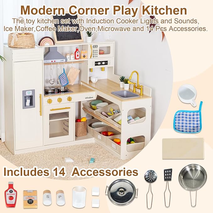 Corner Play Kitchen for Kids Kitchen Playset with Toy Storage System, Wooden Toy Kitchen Set with Plenty of Play Features, Toddler Kitchen Set for Boys and Girls Ages 3+ (White)