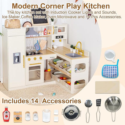 Corner Play Kitchen for Kids Kitchen Playset with Toy Storage System, Wooden Toy Kitchen Set with Plenty of Play Features, Toddler Kitchen Set for Boys and Girls Ages 3+ (White)