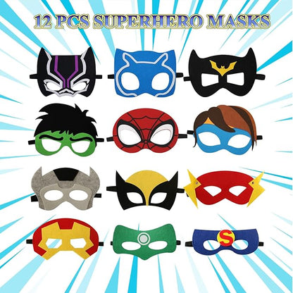 APZ 122 Pcs Superhero Party Favors -Superhero Mask Slap Bracelets Keychains Stickers Punch Balloons Finger Lights and Gift Bags for Kids Hero Party Supplies Birthday Decorations