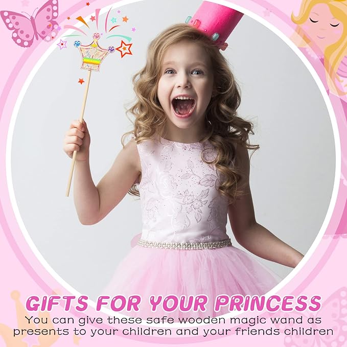42 Pcs Princess Fairy Wands Kit, Include 36 Pcs Wooden Unfinished Wand DIY Princess Wand with 6 Sheet Colorful Diamond Sticker for Girls Make Your Own Princess Wand, Cosplay Costume Party Favor