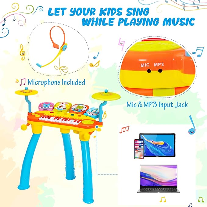 Costzon 24-Key Kids Piano Keyboard Toy, Toddler Electronic Musical Instrument Educational Toy w/Microphone, Multiple Sounds, Record Playback, Lights & Stool, Birthday Gift for Girls Boys Age 3+, Blue