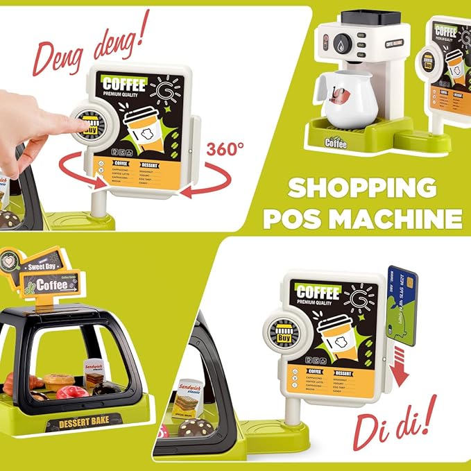GAGAKU Toy Coffee Maker Machine and Cash Register Kit with Sound Light Kids Kitchen Pretend Play Sets Kitchen Appliances Toy for Boys Girls-Green