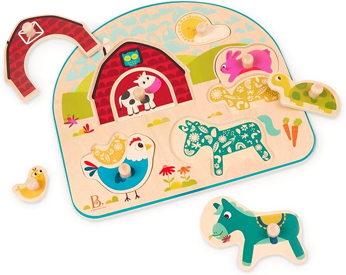 B. toys- Animal Barnyard- Wooden Peg Puzzle – Farm Puzzle – Animal Peg Puzzle for Toddlers, Kids – 8 Chunky Pieces – 18 Months +