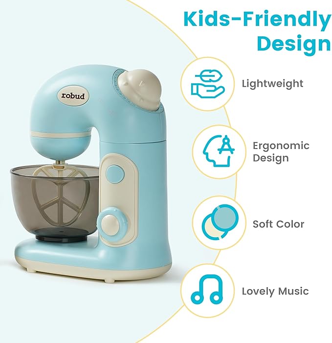 ROBUD Toy Blender, Toy Mixer with Bowl, Flour and Suger, Kids Play Kitchen Accessories, Pretend Play Kitchen Appliance for Kids with Realistic Light and Sound, Boys & Girls Toys Ages 3+