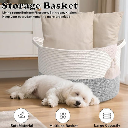 115L Extra Large Woven Cotton Rope Blanket Basket with Handles, Laundry Hamper Storage Bin for Pillows, Comforters,Clothes, Bedroom and Living Room Organization,White&Grey