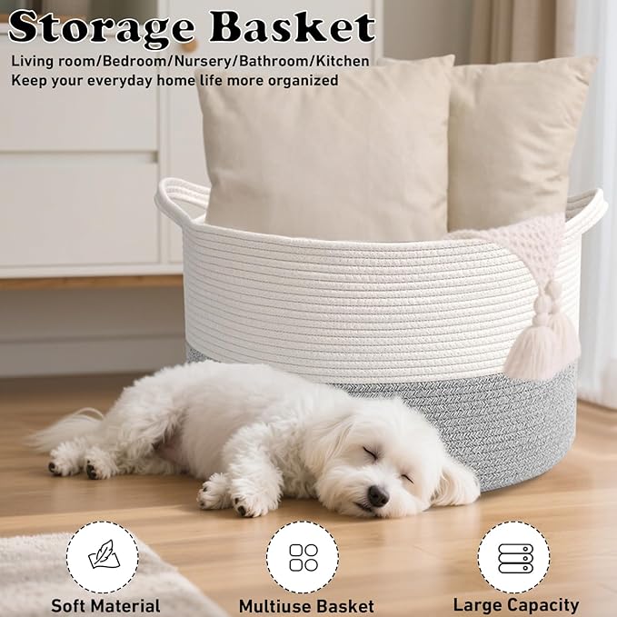 90L Large Blanket Basket,21.7"L x 21.7"W x 13.8"H Rope Woven Baskets with Handles, Toys Storage Bins,Laundry Basket Perfect for Living Room, Nursery,Bedroom,Home Organization,White&Grey