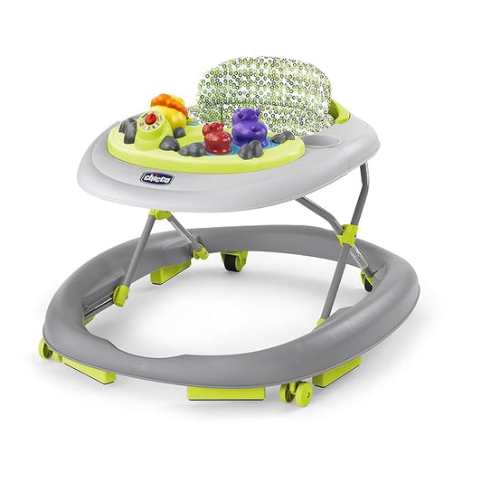 Chicco Walky Talky Foldable Baby Walker, Multilingual Play Tray with Music and Lights, 3 Height Adjustments, Brake Pads, for Children up to 26 lbs., Compact Fold, Circles/Grey/Green
