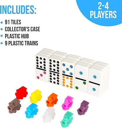 Regal Games - Double 12 Mexican Train Dominoes - Colored Dots Set - Fun Family-Friendly Dominoes Game - Includes 91 Tiles, Collector's Case & Plastic Hub w 9 Plastic Trains - Ideal for 2-8 Players