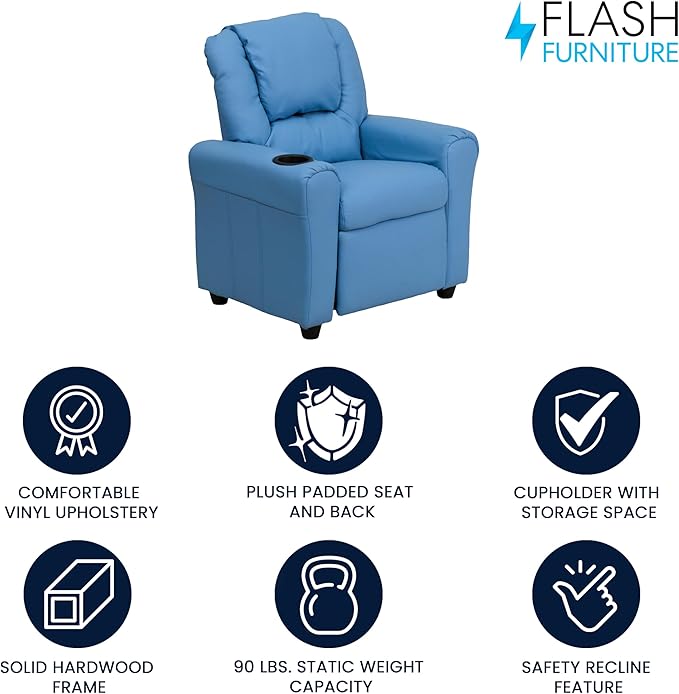 Flash Furniture Vana Vinyl Kids Recliner with Cup Holder, Headrest, and Safety Recline, Contemporary Reclining Chair for Kids, Supports up to 90 lbs., Light Blue