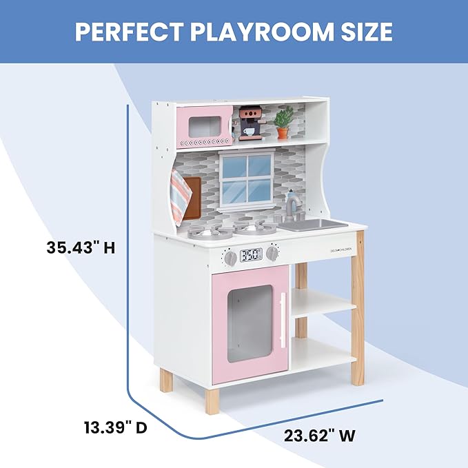 Delta Children Tiny Chef Play Kitchen - Toy Kitchen Playset with Realistic Knobs That Turn/Click, Oven, Sink, Microwave and 15 Pieces of Play Food, Pink