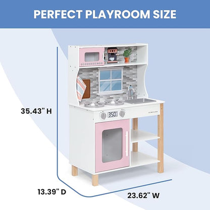 Delta Children Tiny Chef Play Kitchen - Toy Kitchen Playset with Realistic Knobs That Turn/Click, Oven, Sink, Microwave and 15 Pieces of Play Food, Pink