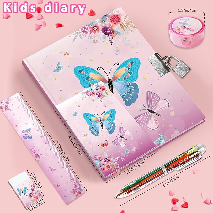 Butterfly Girls Diary with Lock, Set of Diary for Girls Incl. Kids Journal with Lock & Pen (6-Multicolor) Memo Ruler Sharpener Eraser Pink Girls Journal Writing Notebooks for Kids Gifts for Girls 6-8