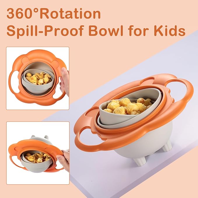 BPA Free Anti Spill 360 Rotate Gyro Bowl for Babies, Universal Kids Feeding Tableware (Yellow/Purple), Small