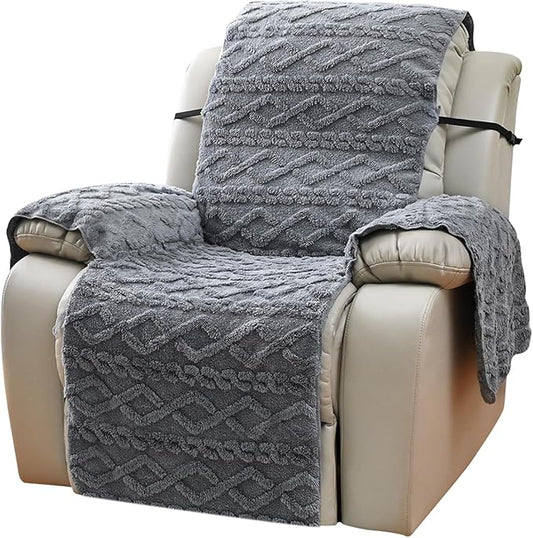 vctops Geometric Jacquard Plush Recliner Chair Cover Soft Fuzzy Fluffy Reclining Chair/Furniture Protector with Elastic Straps for Kids, Pets(Grey,21.7")