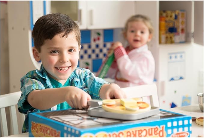 Melissa & Doug Flip and Serve Pancake Set (19 pcs) - Wooden Breakfast Play Food,Brown