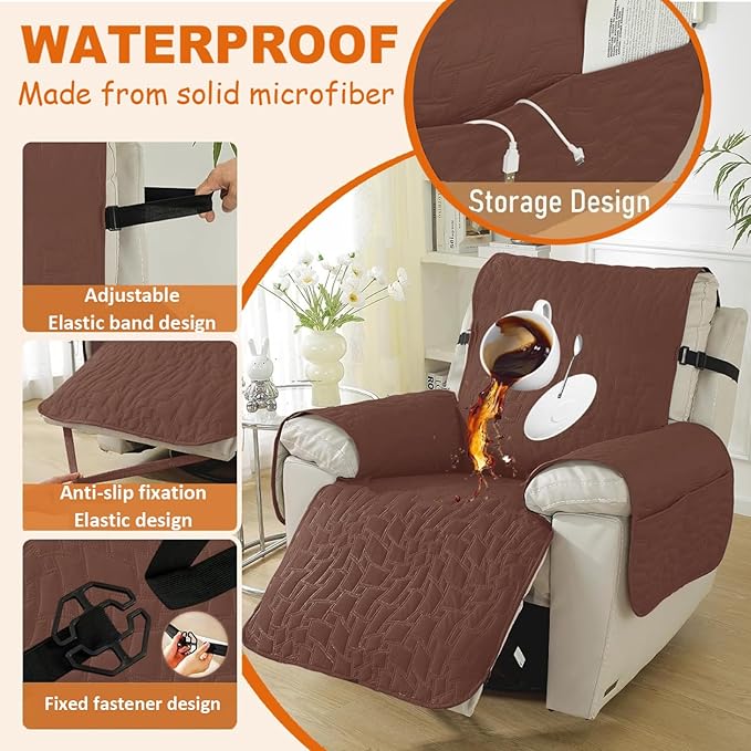 XINEAGE 100% Waterproof Recliner Chair Covers with Elastic Straps, Nonslip Reclining Couch Covers Washable Recliner Couch Cover with Pockets Furniture Protector for Pets Dogs (Coffee, 23")